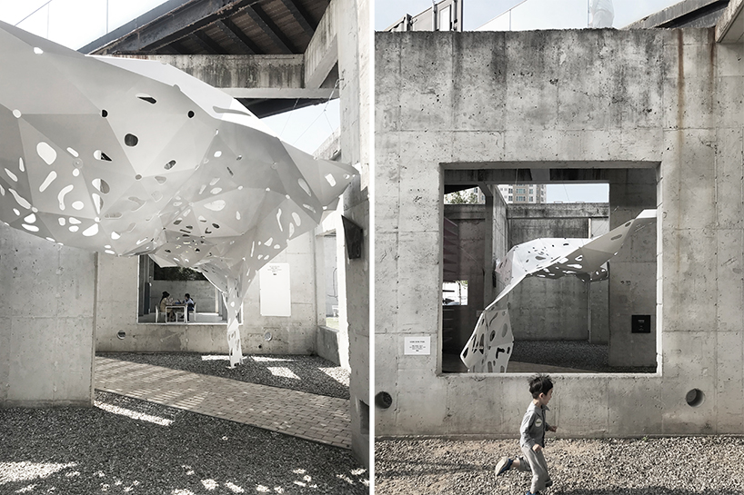 yong ju lee installs 'the wind shape' canopy to simulate the flowing movement of fabric designboom