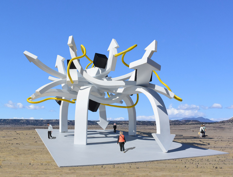 steel arrows, rods, and cubes intertwine to form michael jantzen's vast protein pavilion