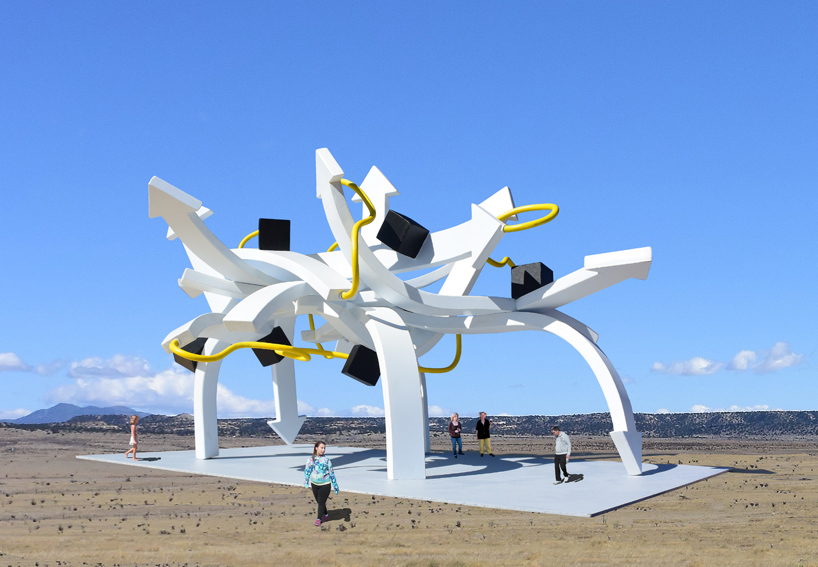 steel arrows, rods, and cubes intertwine to form michael jantzen's vast protein pavilion