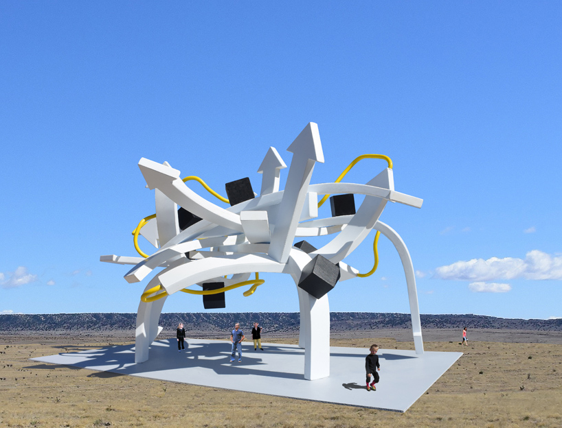 steel arrows, rods, and cubes intertwine to form michael jantzen's vast protein pavilion