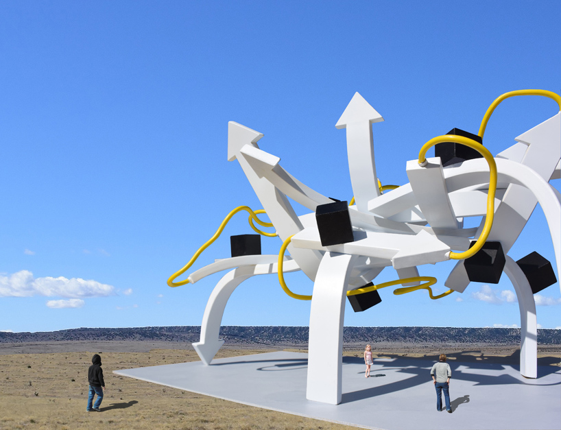 steel arrows, rods, and cubes intertwine to form michael jantzen's vast protein pavilion