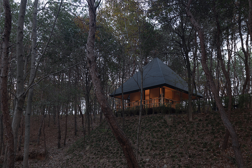 pyramid hipped roof tops wooden cabin in chinese woodland