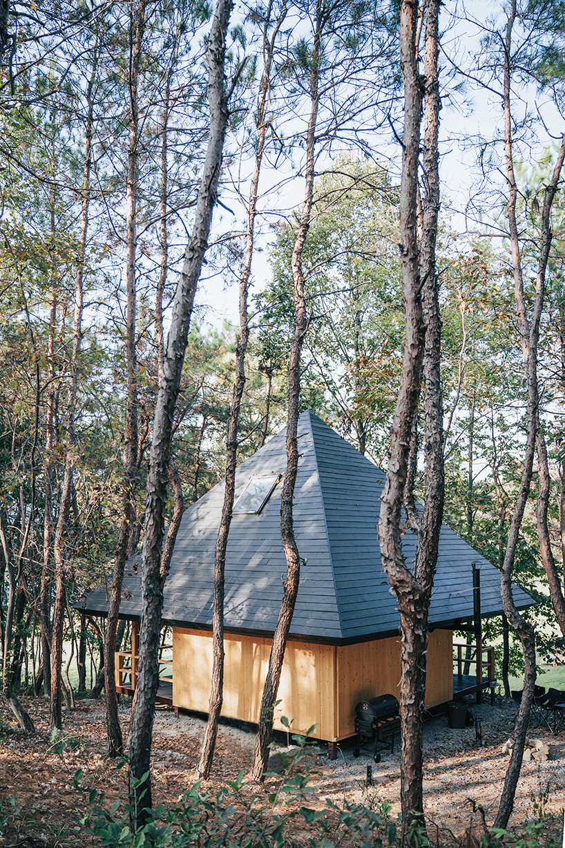 pyramid hipped roof tops wooden cabin in chinese woodland