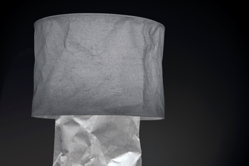 kazuhiro yamanaka’s crinkled paper and recycled polyester lamp fits inside a pizza box