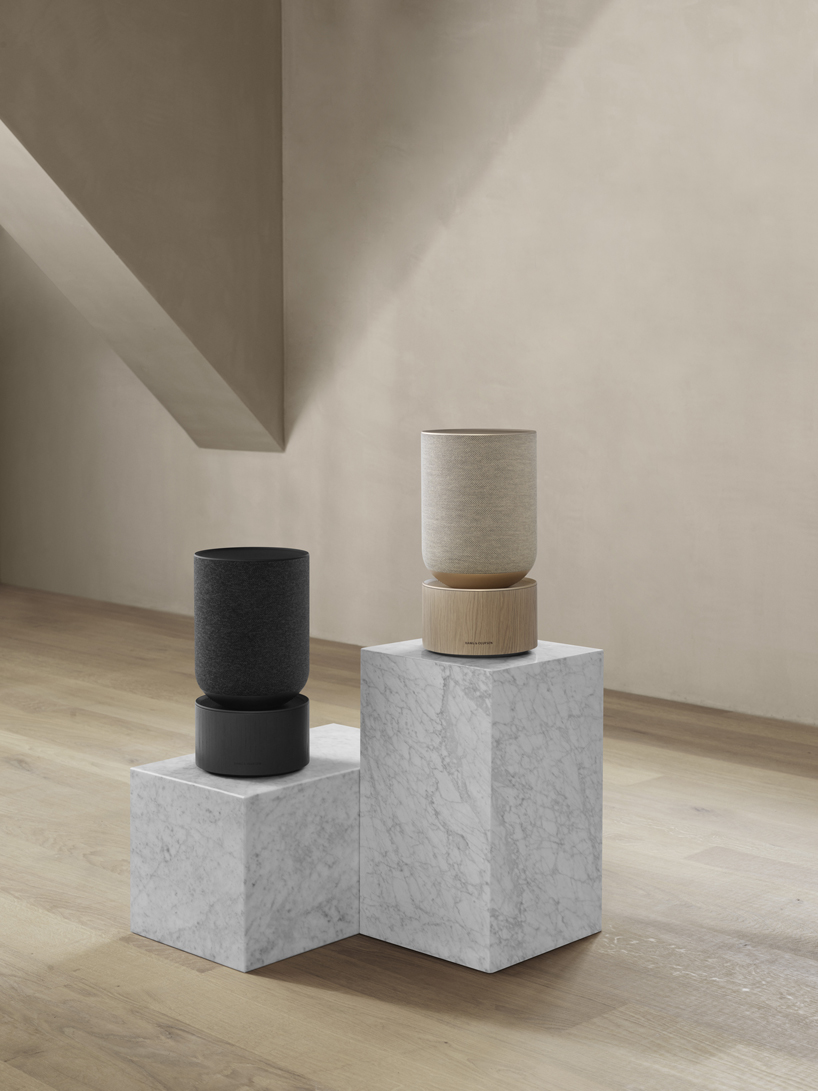 LAYER designs a sculptural speaker for bang & olufsen with oak base and textile cover designboom