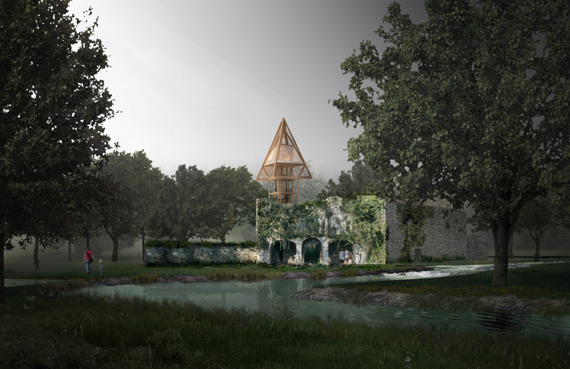 NRAV architects' treehouse proposal reclaims the ruins of a french castle designboom
