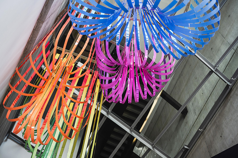 SOFTlab's billowing paper strip installation softens concrete cincinatti museum by zaha hadid