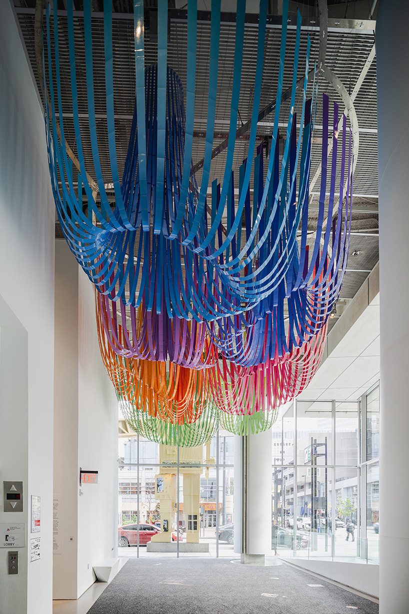 SOFTlab's billowing paper strip installation softens concrete cincinatti museum by zaha hadid