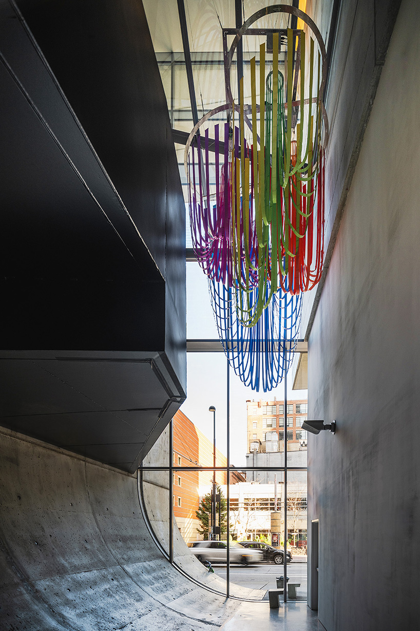 SOFTlab's billowing paper strip installation softens concrete cincinatti museum by zaha hadid