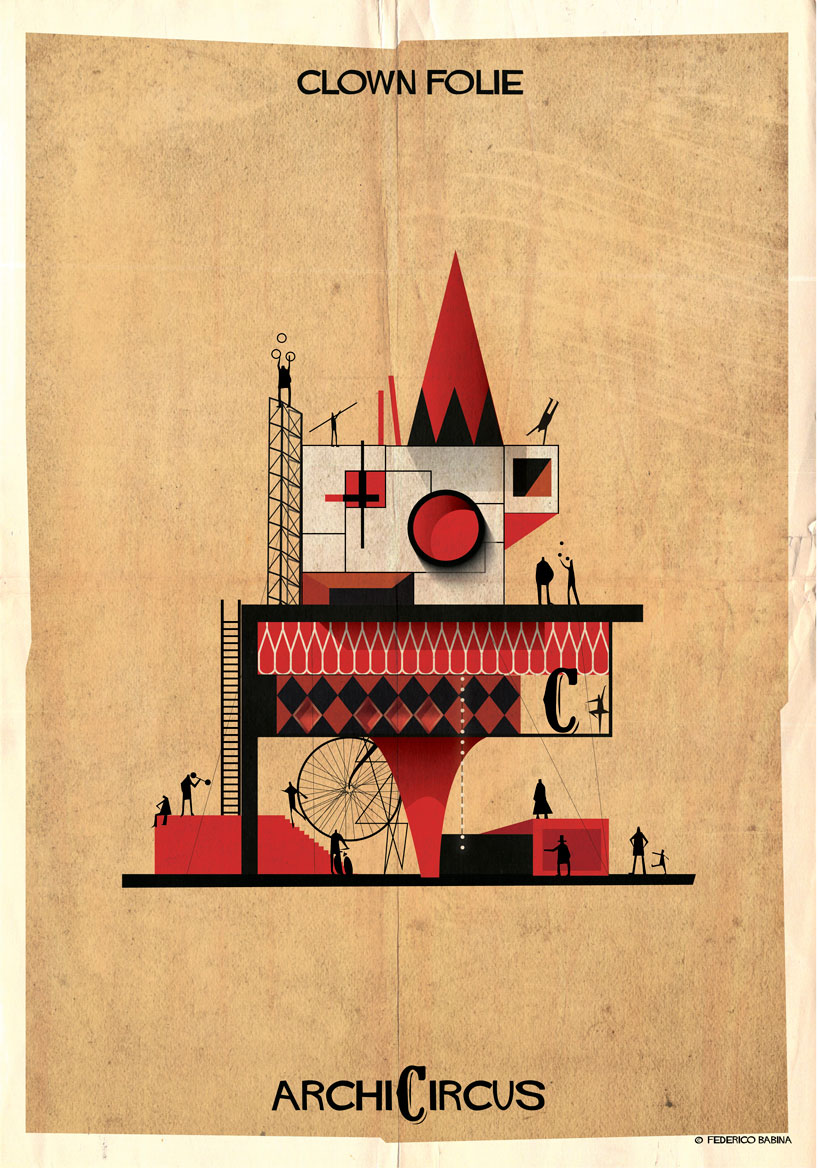  federico babina's illustrations stage dream-like architecture inside a circus show
