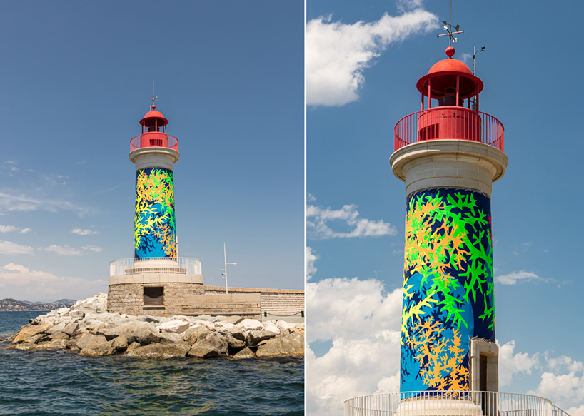 miguel chevalier's fluorescent coral wraps st tropez's lighthouse designboom
