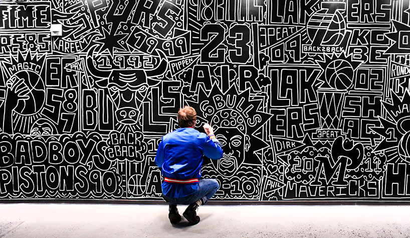 timothy goodman celebrates the top 25 greatest NBA teams with a 40 foot long mural in NYC designboom