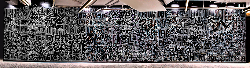 timothy goodman celebrates the top 25 greatest NBA teams with a 40 foot long mural in NYC designboom