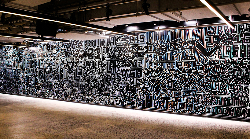 timothy goodman celebrates the top 25 greatest NBA teams with a 40 foot long mural in NYC designboom