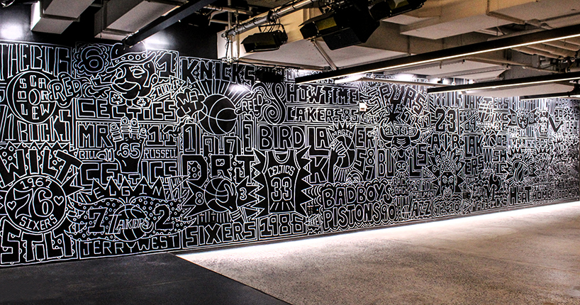 timothy goodman celebrates the top 25 greatest NBA teams with a 40 foot long mural in NYC designboom