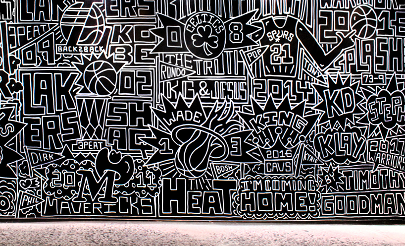 timothy goodman celebrates the top 25 greatest NBA teams with a 40 foot long mural in NYC designboom