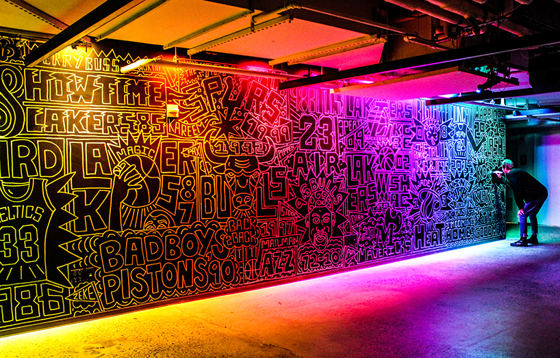 timothy goodman celebrates the top 25 greatest NBA teams with a 40 foot long mural in NYC designboom