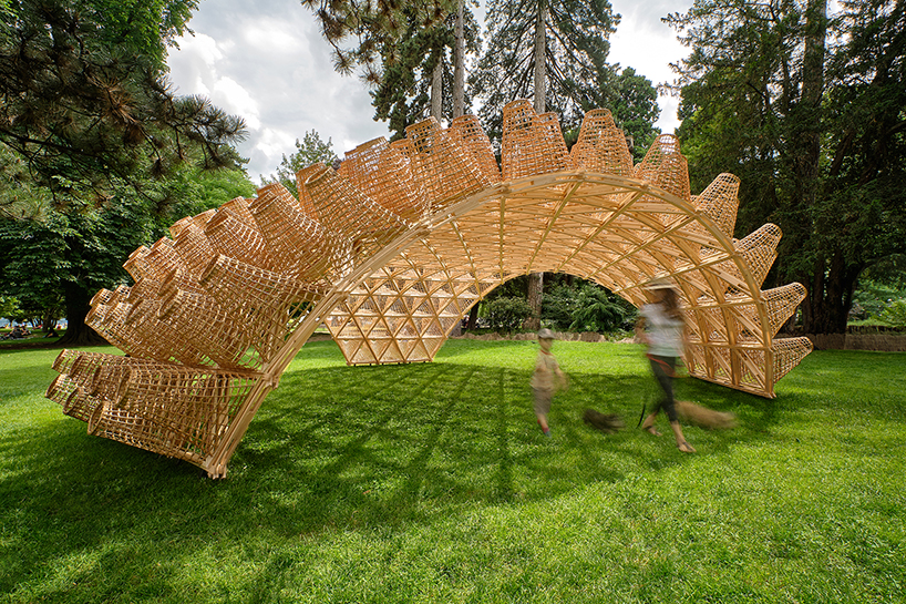 DJA introduces triangular wicker mesh pavilion in france, weaved by latvian craftsmen