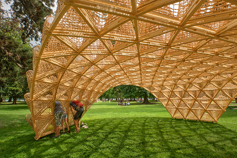 DJA introduces triangular wicker mesh pavilion in france, weaved by latvian craftsmen