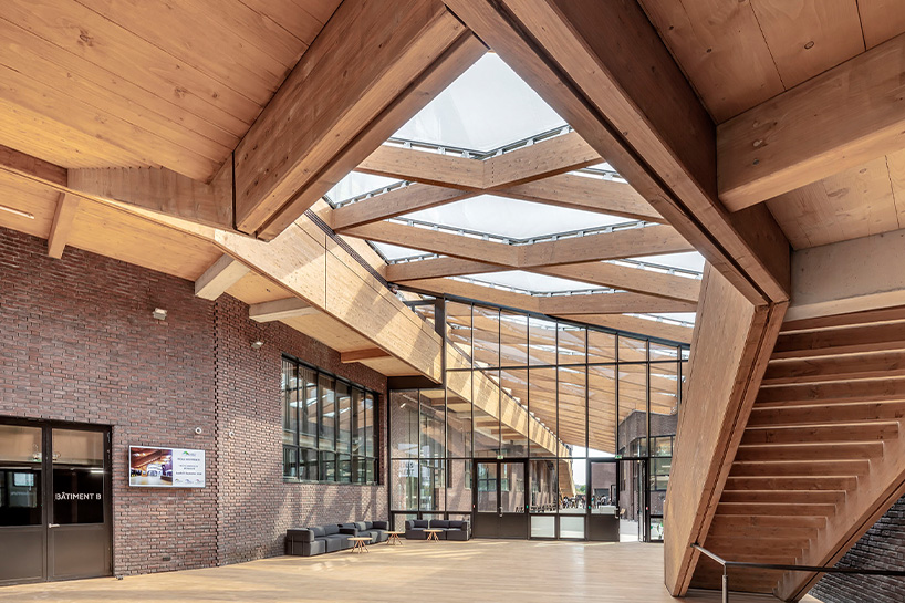 marin + trottin unites paris eco-campus islets with ETFE + triangulated wood frame crossway