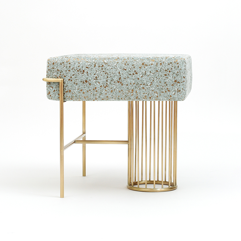 bina baitel designs jewelry-like furniture using brass, pink marble and terrazzo fabric