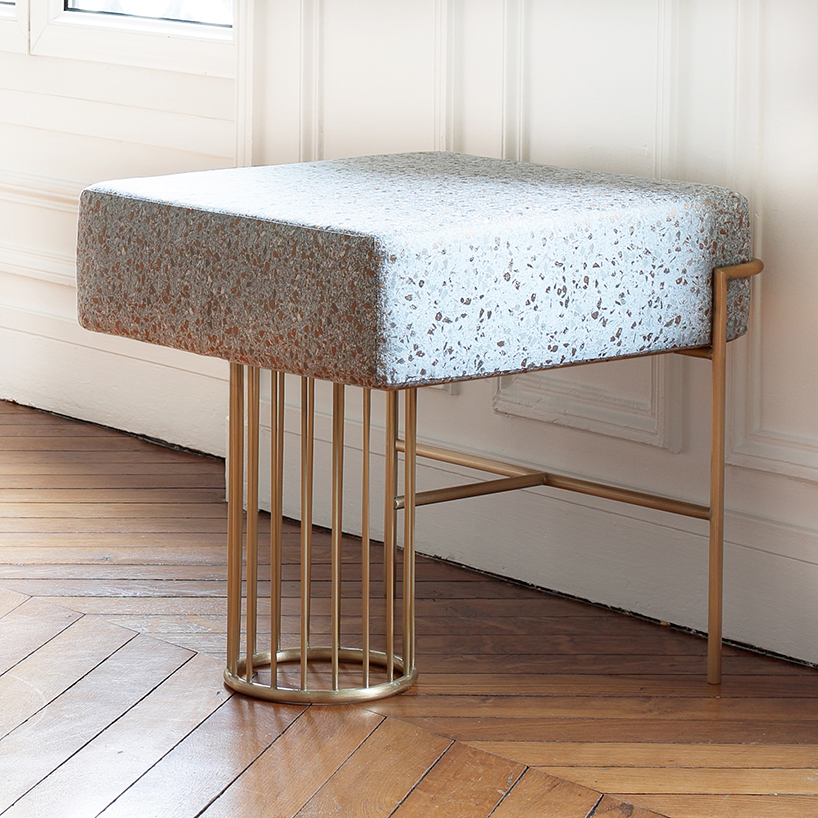 bina baitel designs jewelry-like furniture using brass, pink marble and terrazzo fabric
