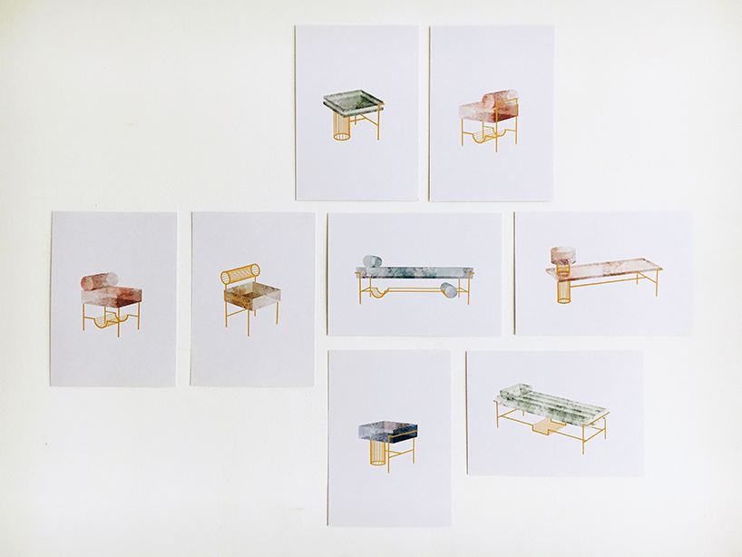 bina baitel designs jewelry-like furniture using brass, pink marble and terrazzo fabric