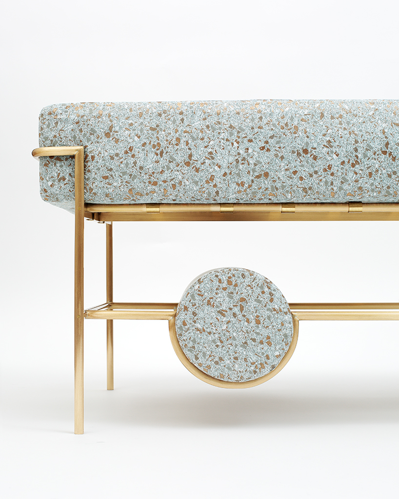 bina baitel designs jewelry-like furniture using brass, pink marble and terrazzo fabric