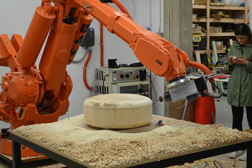 sasha ritter + armand graham sculpt totoro wooden stools with a robot - 6