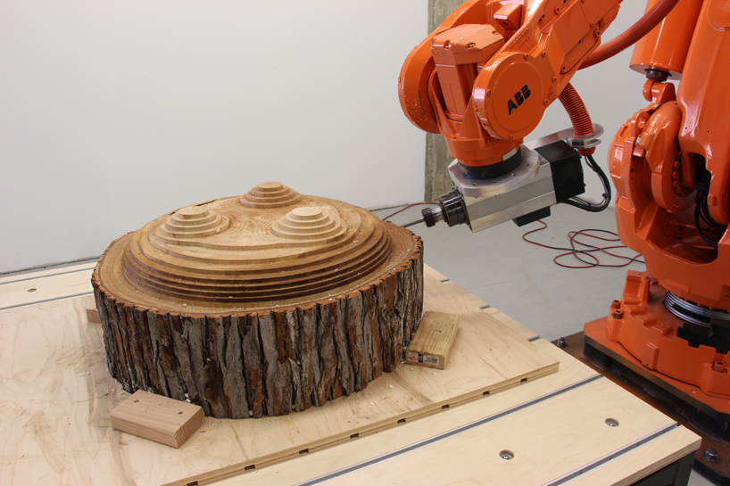 sasha ritter + armand graham sculpt totoro wooden stools with a robot - 4