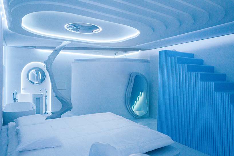 dreamy motel room interior by EFE recreates the feeling of floating on clouds