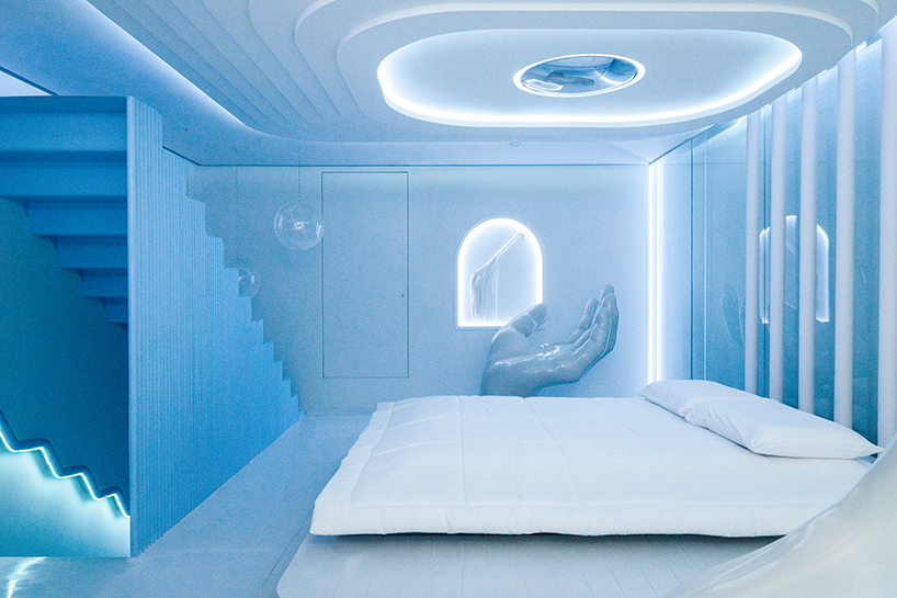 dreamy motel room interior by EFE recreates the feeling of floating on clouds