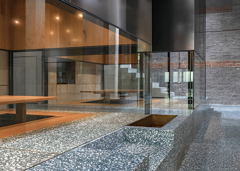 linehoue stacks stainless steel teahouses on green terrazzo in shanghai