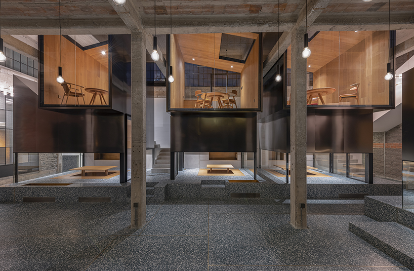 linehoue stacks stainless steel teahouses on green terrazzo in shanghai