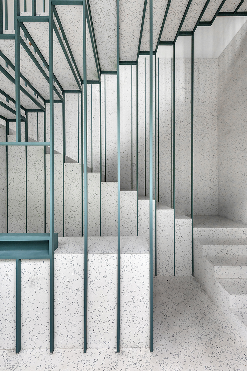linehoue stacks stainless steel teahouses on green terrazzo in shanghai