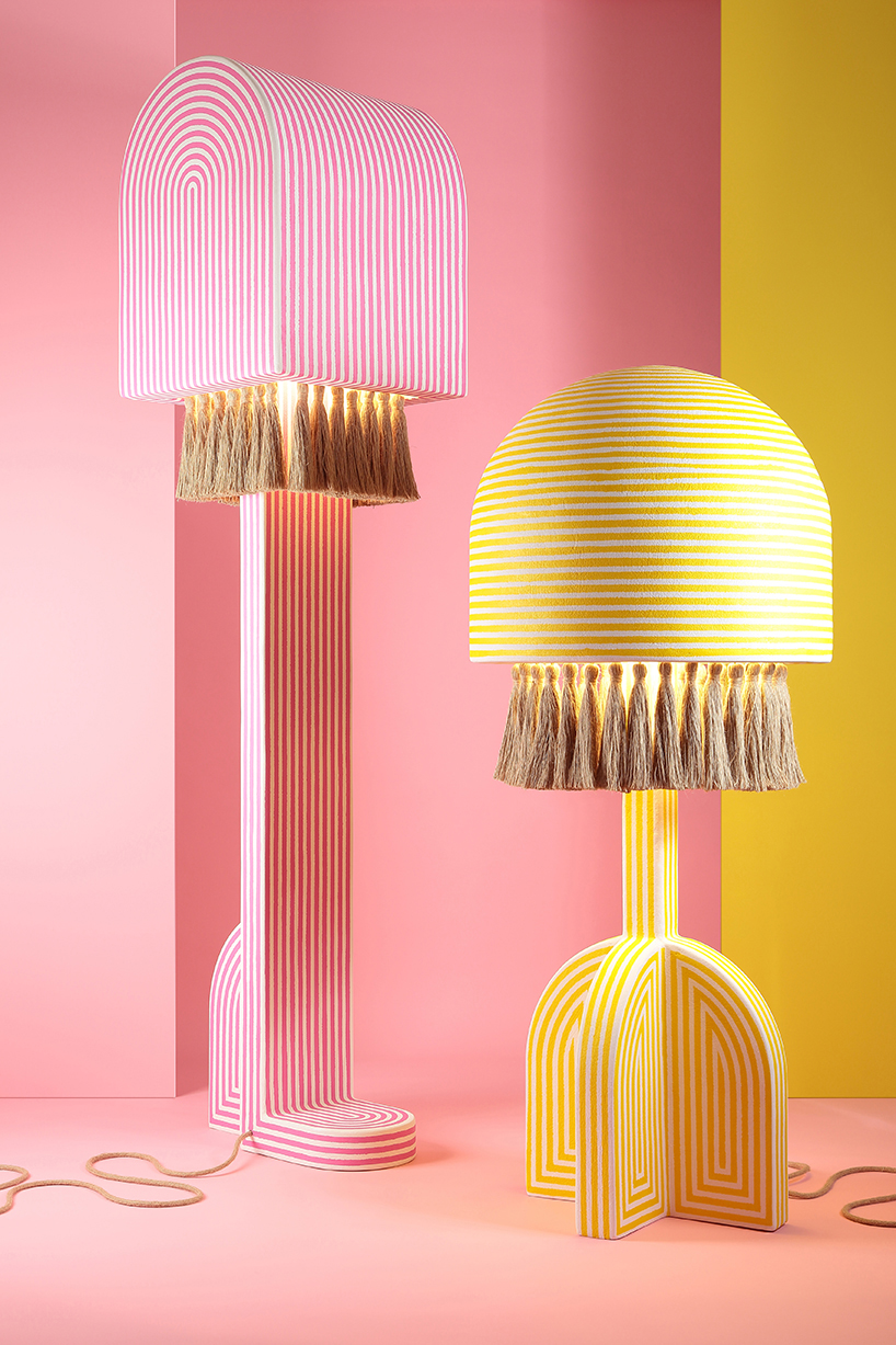 richard yasmine's lamps intertwine sleek architectural lines with organic jute textures