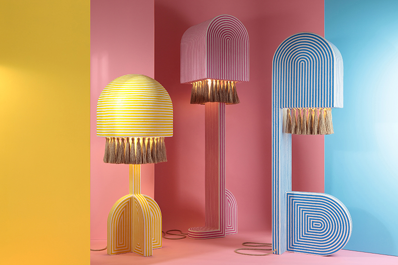 richard yasmine's lamps intertwine sleek architectural lines with organic jute textures