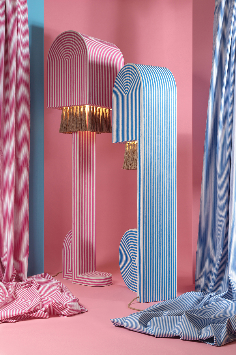 richard yasmine's lamps intertwine sleek architectural lines with organic jute textures