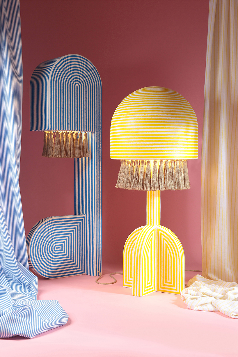 richard yasmine's lamps intertwine sleek architectural lines with organic jute textures