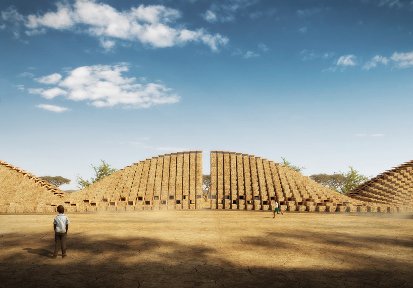 NUDES uses straw bales to create a breathable skin for proposed school in malawi designboom