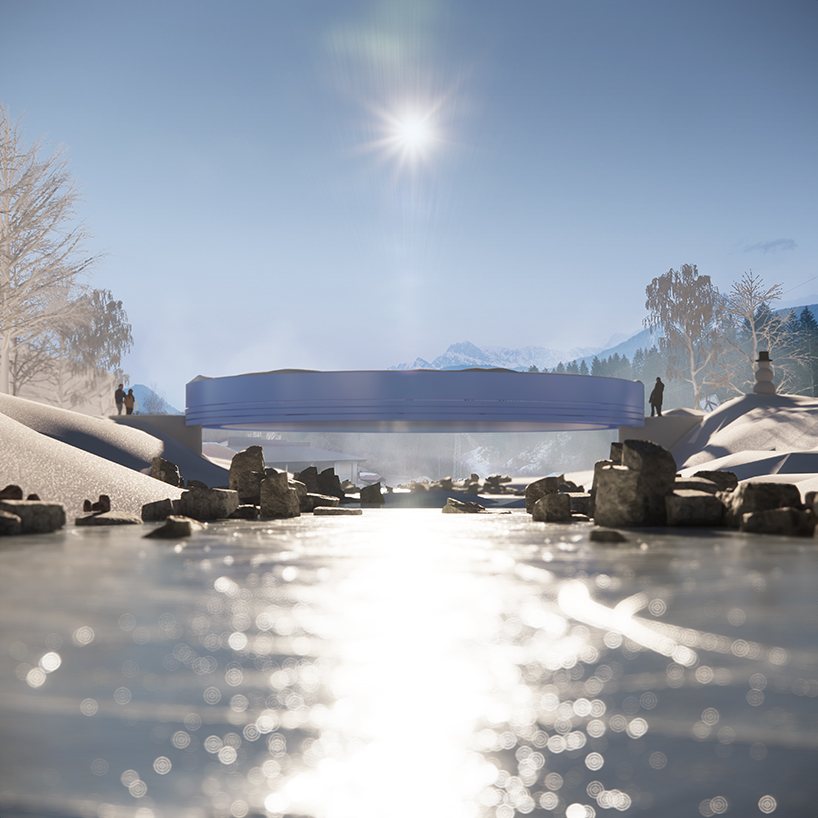 studio beltrame suspends circular ice-skating bridge within mountainous tarvisio, italy