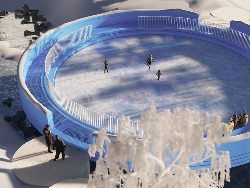 studio beltrame suspends circular ice-skating bridge within mountainous tarvisio, italy