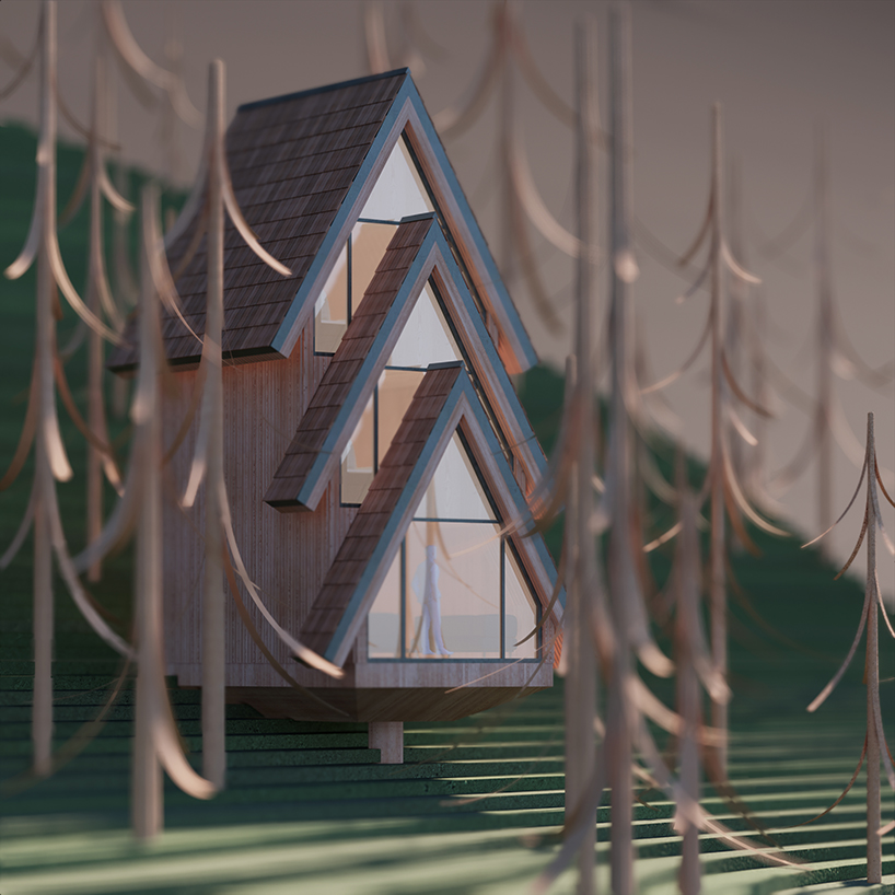 studio beltrame tucks pine-shaped treehouse high amid the forestscape of the italian alps