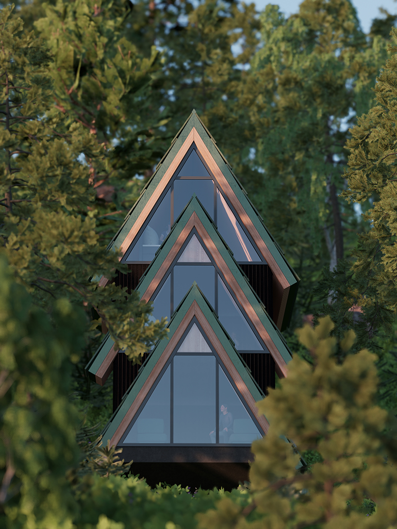 studio beltrame tucks pine-shaped treehouse high amid the forestscape of the italian alps