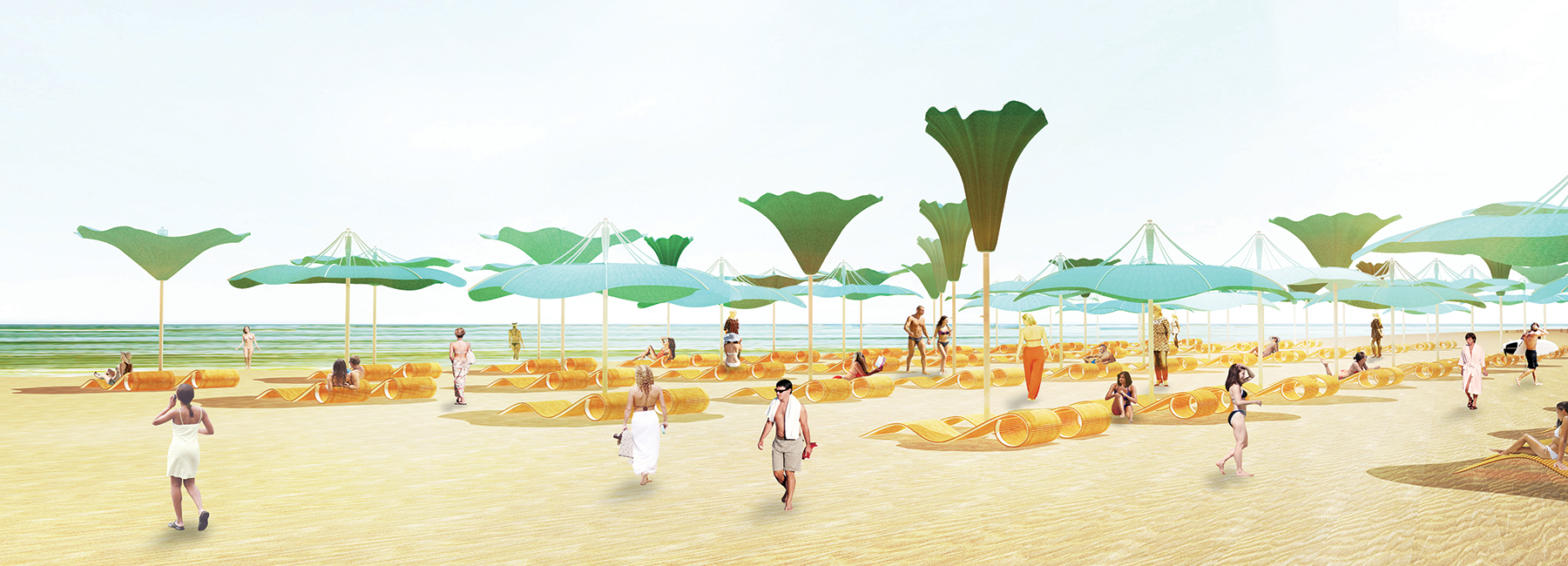 kim min jae architects proposes shape-shifting flower parasols for beach dwellers