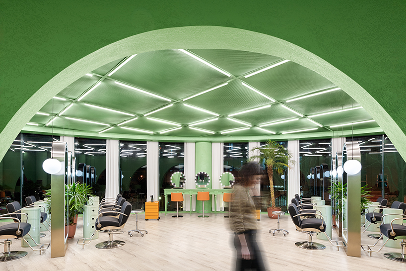 bright green walls and organic shapes form 'space age' styled hair salon by fabrizio gurrado in beijing