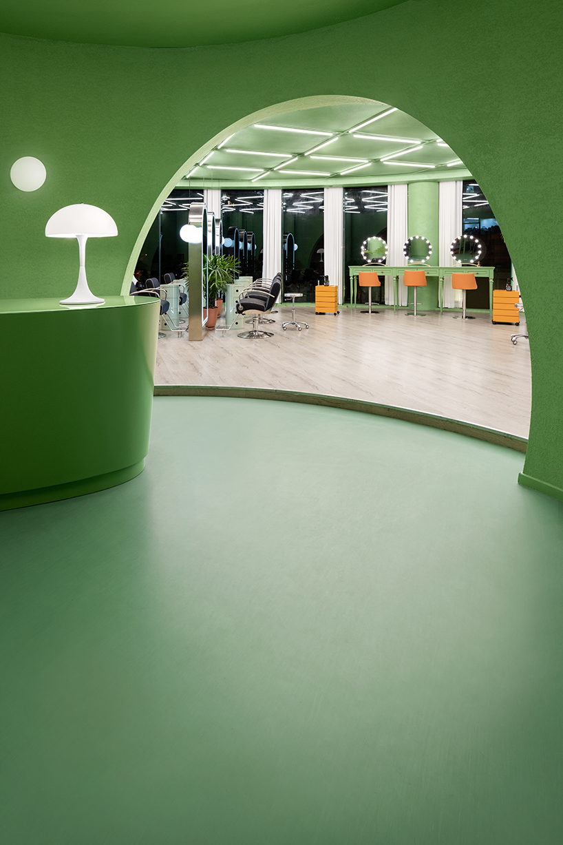 bright green walls and organic shapes form 'space age' styled hair salon by fabrizio gurrado in beijing