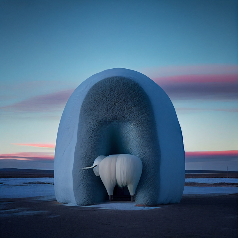 yongwook seong's AI imagines surreal structures that fuse arctic land with living forms and mythical figures
