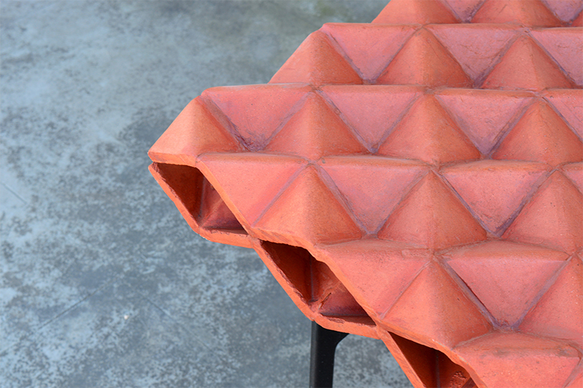 manoj patel repurposes clay roof tiles with sculptural outdoor furniture series