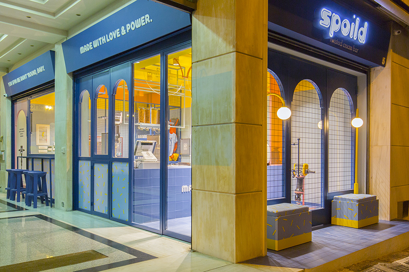 bright color contrasts + graphic lettering realize ice cream store by studiomateriality in greece